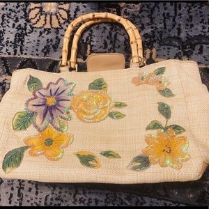 Vintage Bamboo Bag w Irridescent Floral Detail